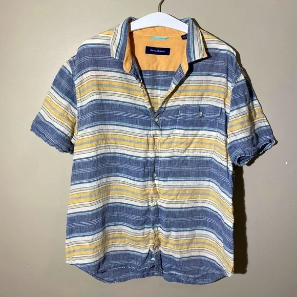 Tommy Bahama 100% linen striped blue shirt sleeve shirt, extra large - Picture 1 of 4